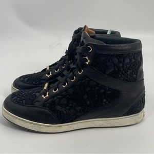 Jimmy Choo Authentic Black Leather & Embroidered High Top Sneakers (37)